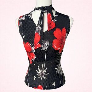 Vintage Y2K Black Red Floral Halter Sequin Mesh Top
